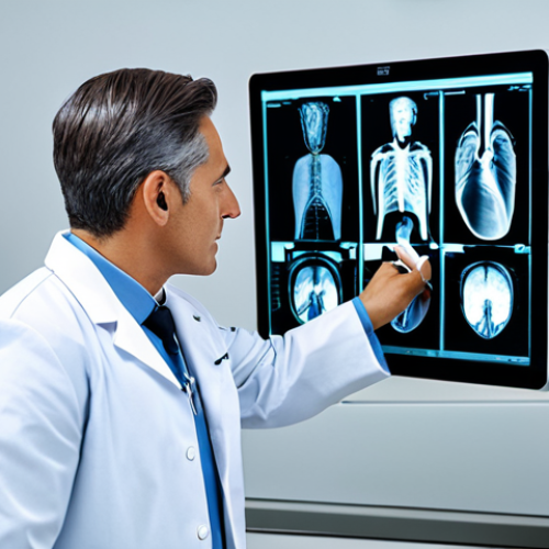 Home 7 "A professional doctor analyzing a medical image (X-ray or MRI) with AI assistance, fully clothed in a lab coat, modern hospital environment, appropriate content, safe for work, perfect anatomy, professional, modest attire, high quality."