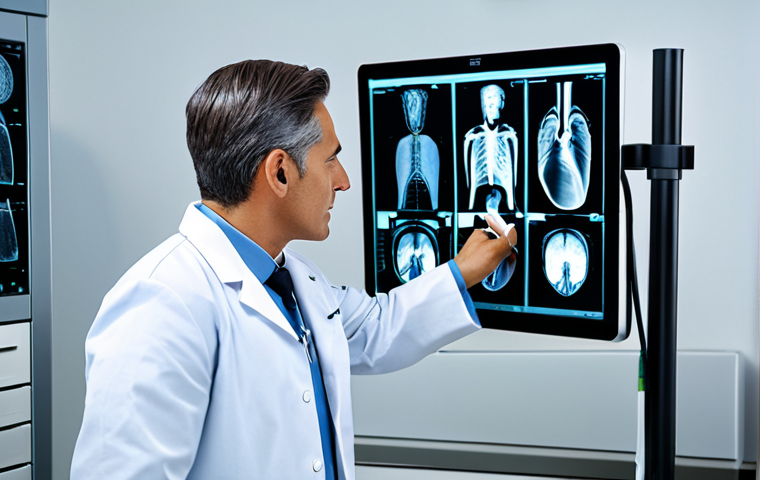 "A professional doctor analyzing a medical image (X-ray or MRI) with AI assistance, fully clothed in a lab coat, modern hospital environment, appropriate content, safe for work, perfect anatomy, professional, modest attire, high quality."